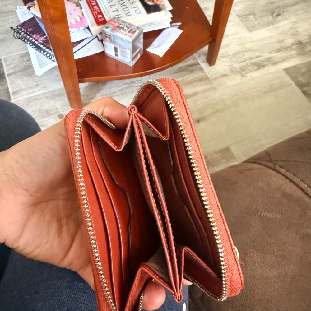 Tumi Orange Saffiano Zip Wallet with Gold Bar Detail - Picture 2 of 4